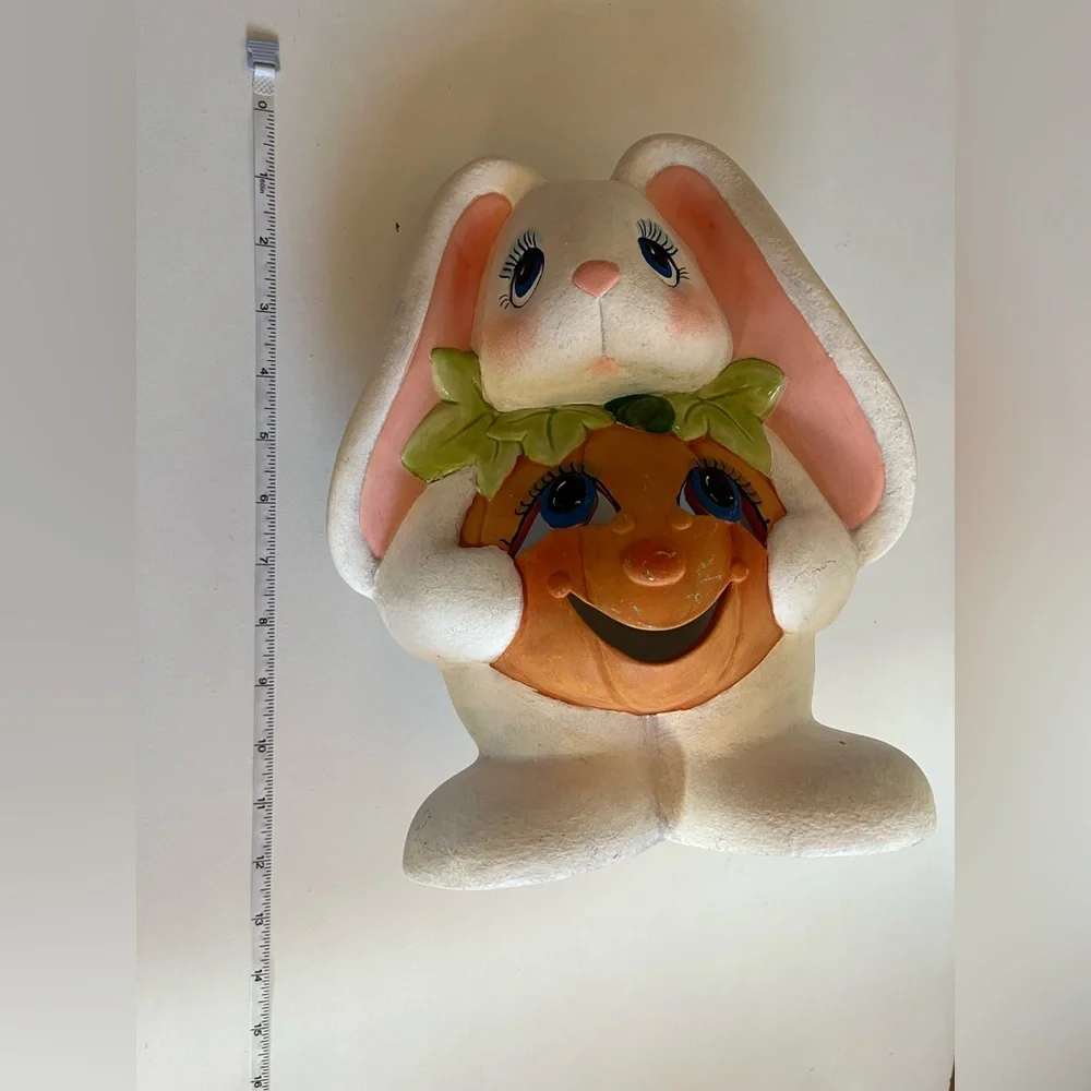 Vintage Easter Halloween Rabbit Bunny Figurines w/pumpkin stomach ceramic decor